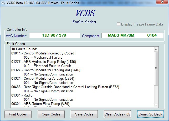 vag com VCDS Beta 12.10.3 Kody błędów hamulców ABS
