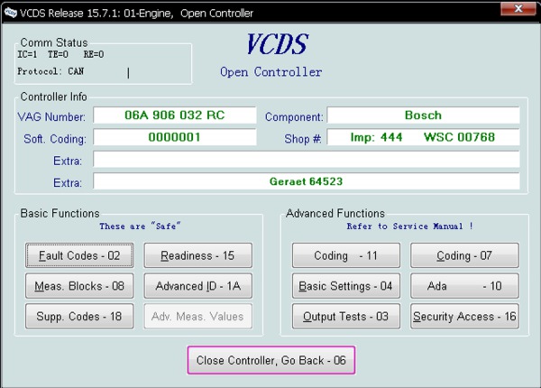 VAGCOM V15.7.1 Wyświetlanie oprogramowania 3